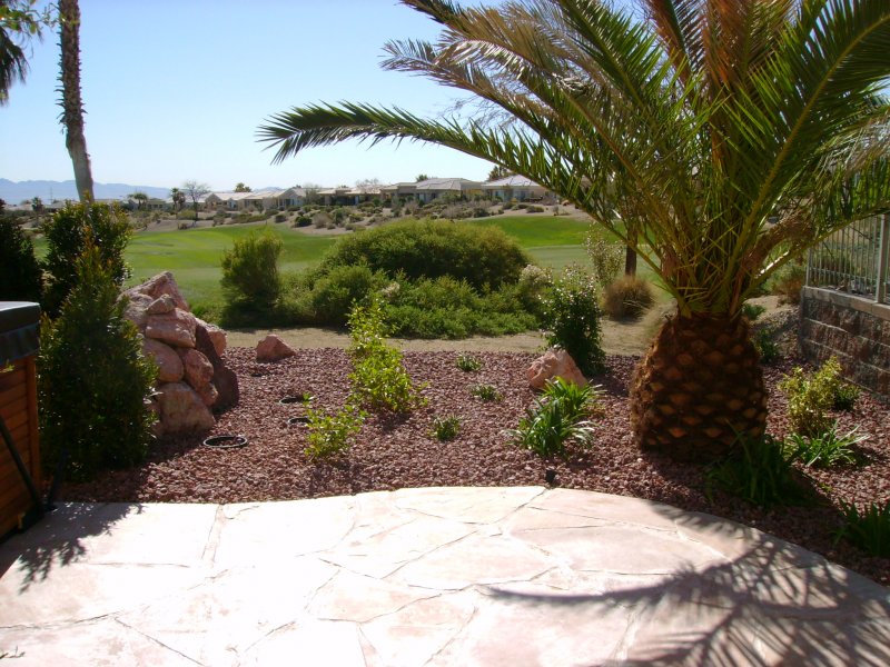 Las Vegas Landscape with water feature, flagstone, palms on golf ...