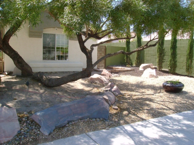 front yard with a large tree and rocks
