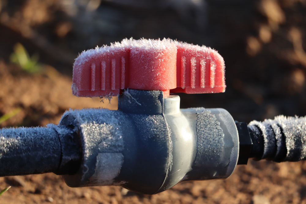 irrigation system frosted in winter in need of sprinkler repair 