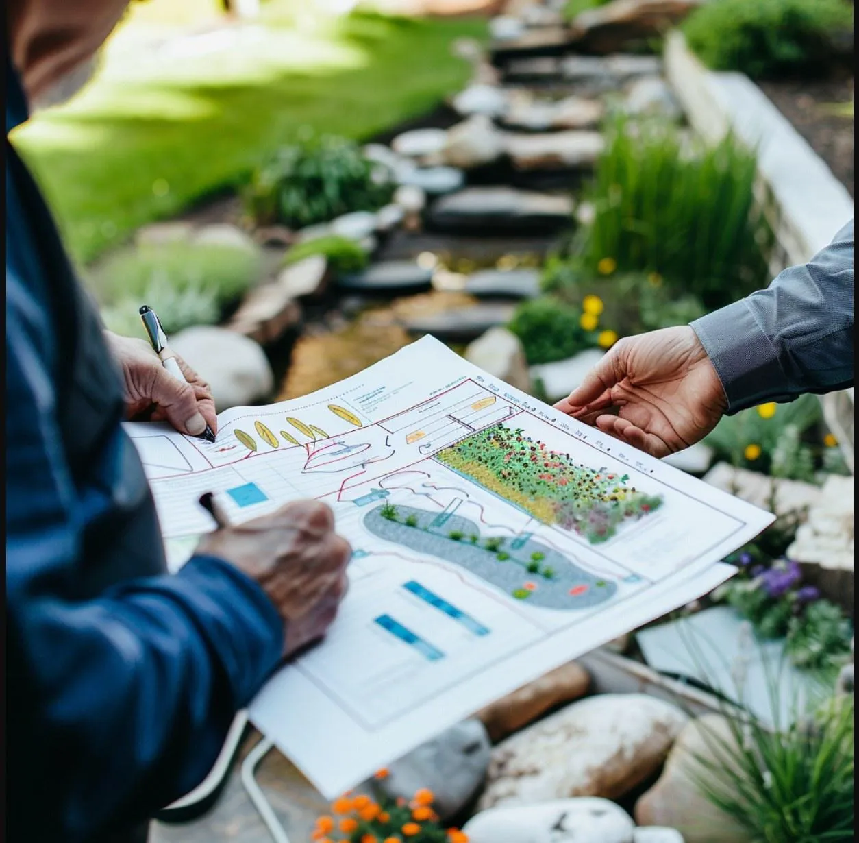 wo people discussing a garden landscape design, holding a detailed drawing with colorful plans, set against a scenic garden with a stone path and vibrant greenery